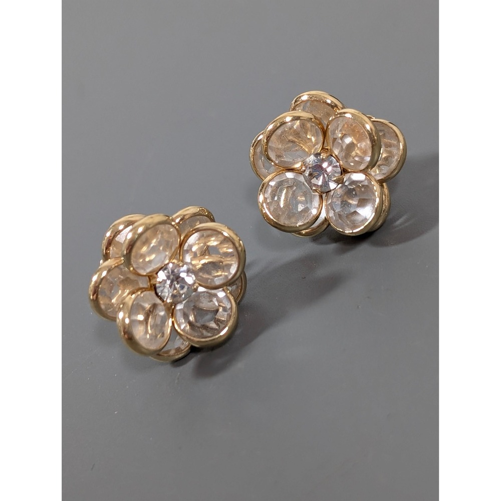 Vintage Clear Glass Bezel Flower Earrings Gold Tone 3D Cluster Pierced